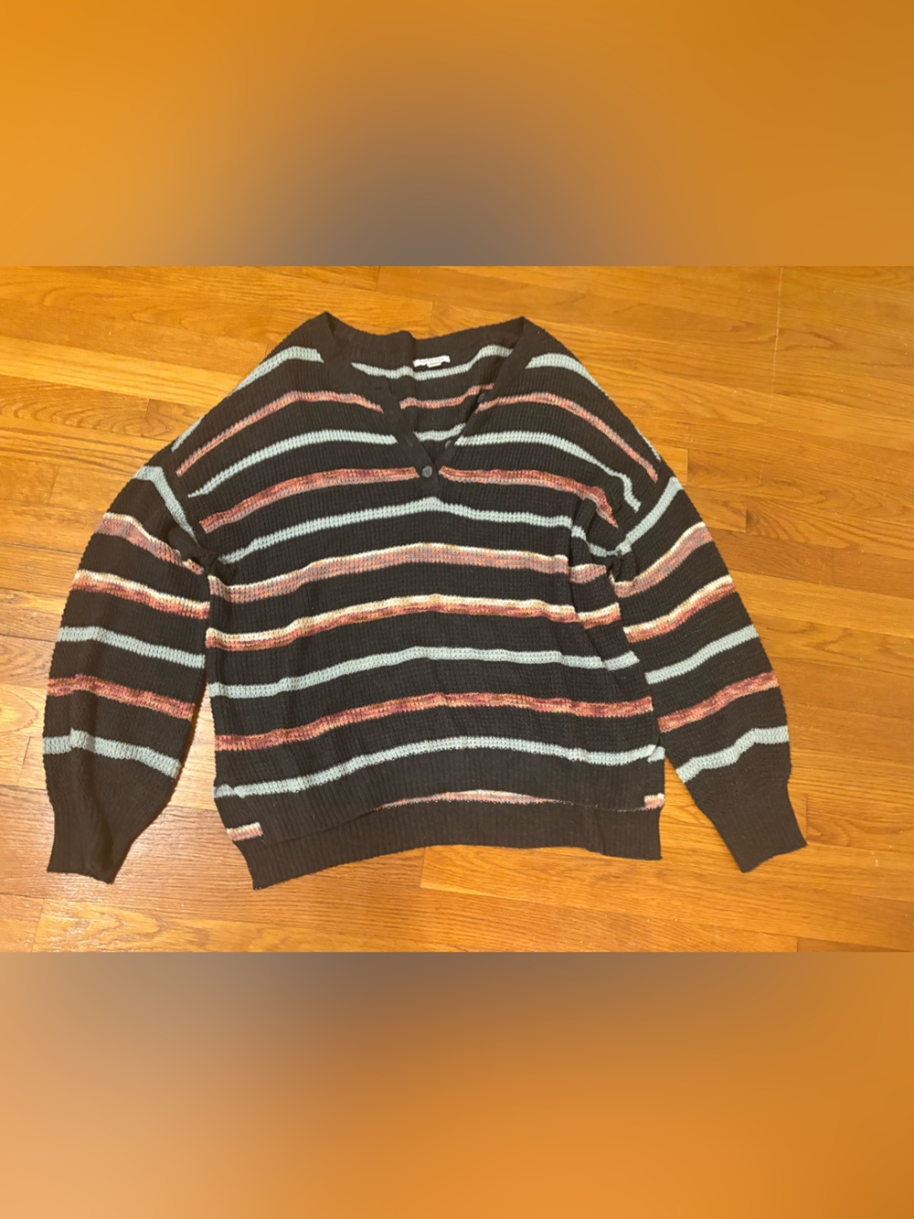 American Eagle XL Chunky Knit Striped Henley Sweater Black Blue Pink Cozy